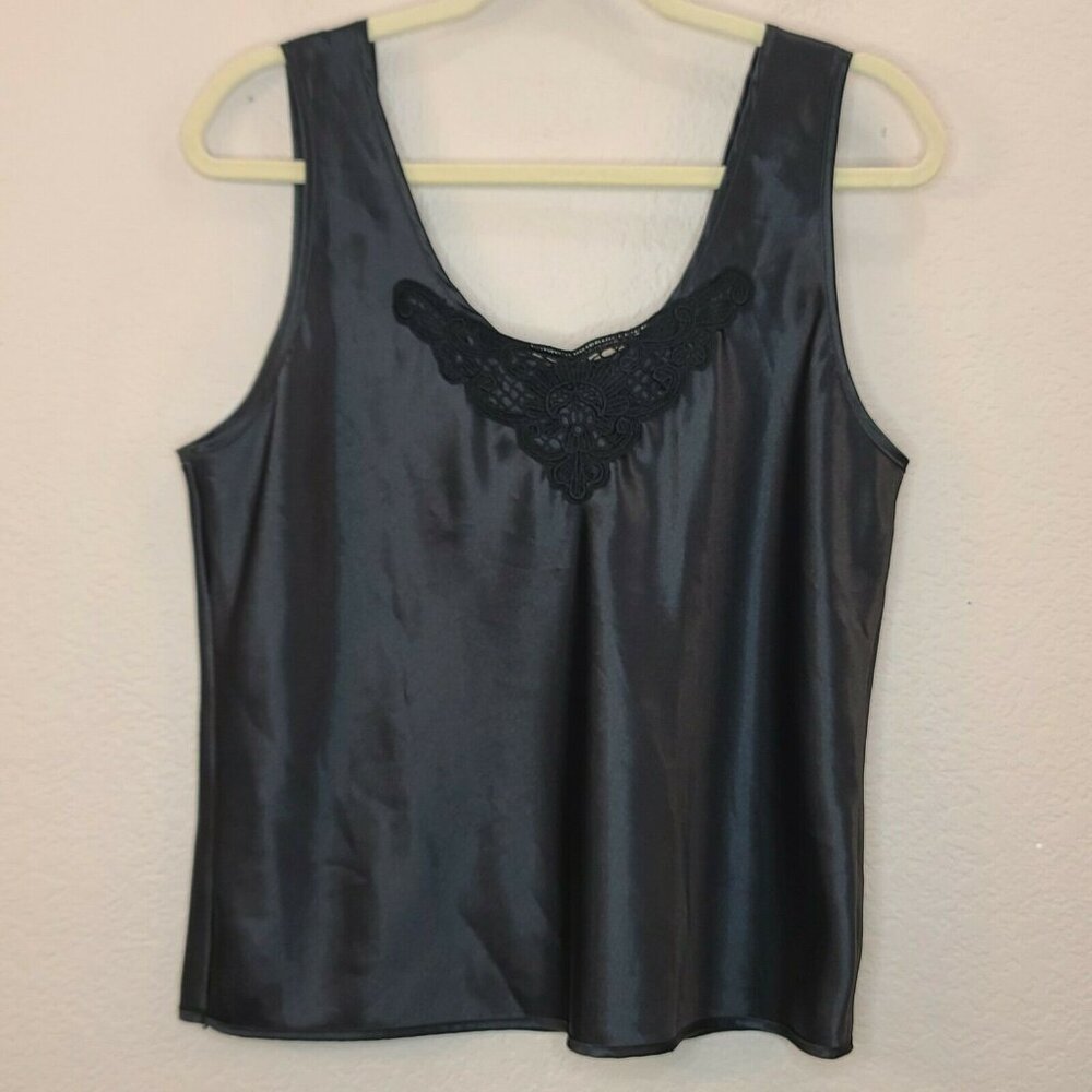 Escapades Top Women Large Black Satin Blouse Tank Embroidered Sleeveless Flowy - Picture 1 of 12